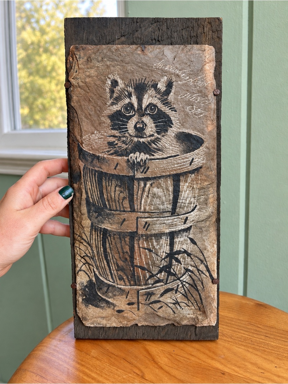 Vintage Raccoon in Barrel Rustic Wildlife Wall Art Wood Plaque Signed ’85
